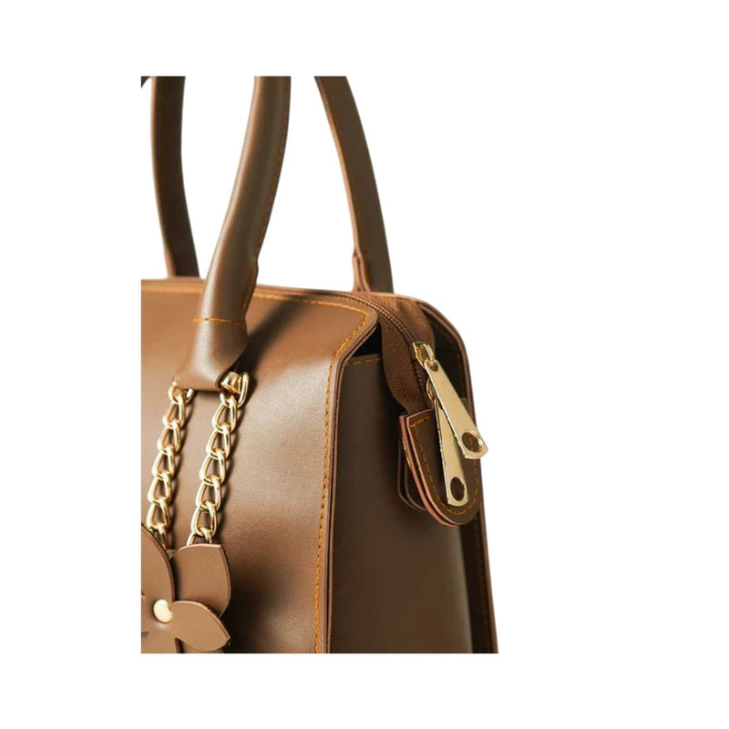 Greft Elegant Brown Stylish Handbag with Floral Charm